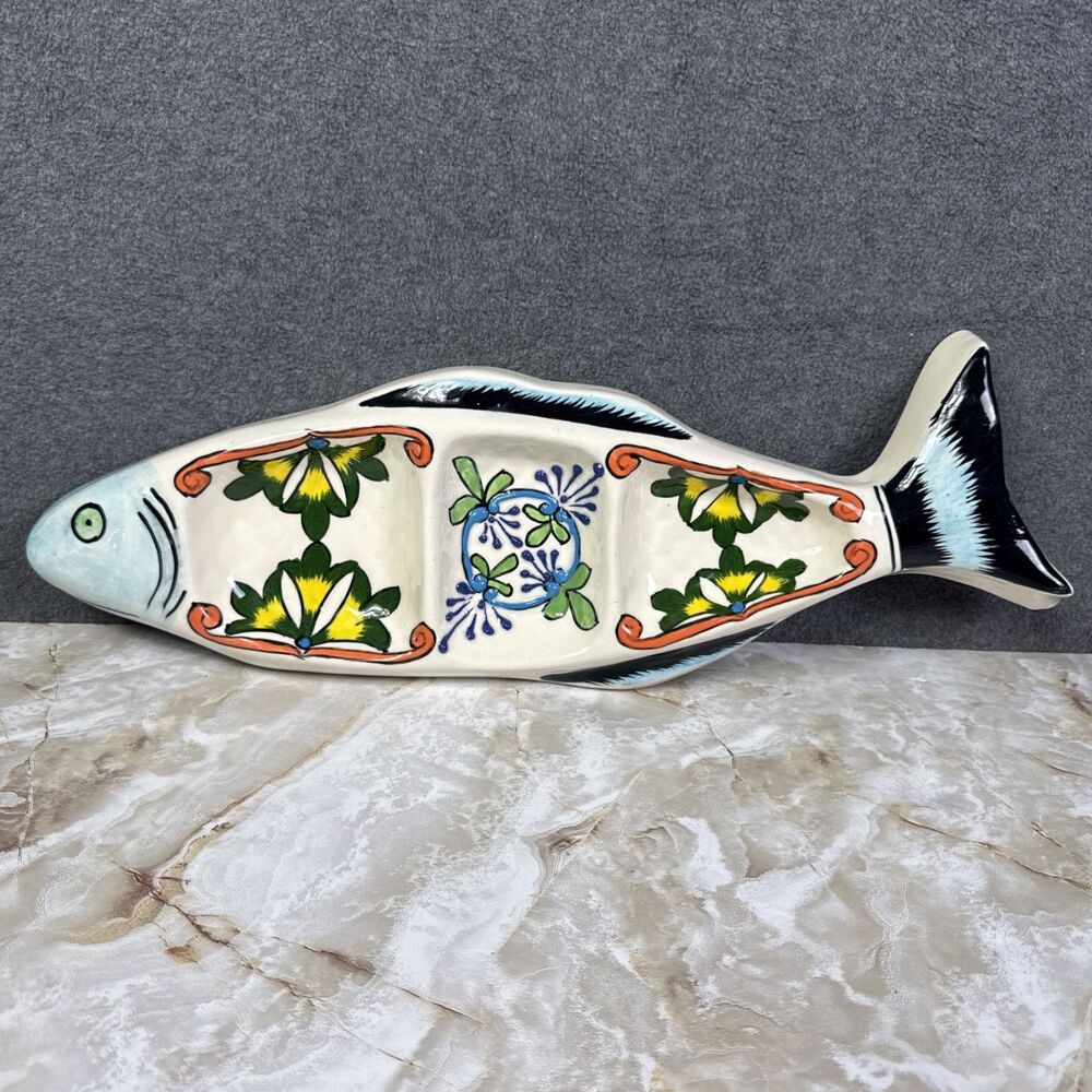 Mexican Folk Art Ceramic Talavera Fish Relish Tray 17” Divided Floral Blue